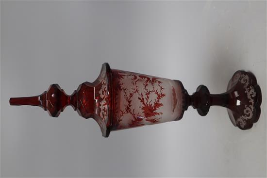 A Bohemian ruby glass goblet and cover, height 40cm